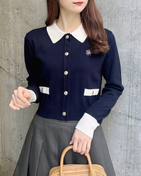 INGNI（イング） 襟付配色金ボタンニットカーディガン ｺﾝ/ｵﾌﾎﾜｲﾄ