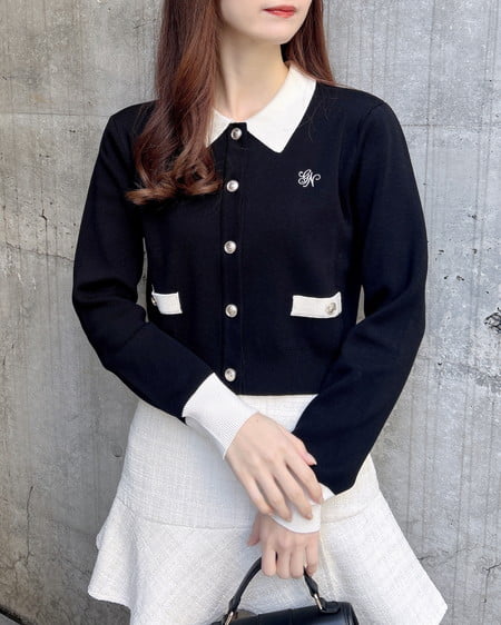 INGNI（イング） 襟付配色金ボタンニットカーディガン ｸﾛ/ｵﾌﾎﾜｲﾄ