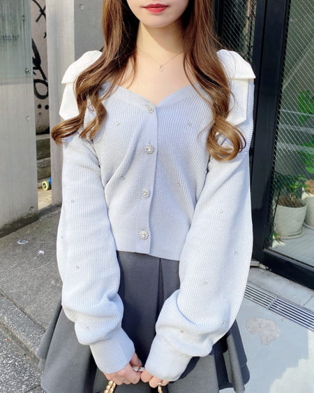 INGNI(イング) 肩リボン装飾付ニットカーディガン サックス