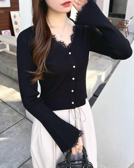 INGNI（イング） レースリブニットカーディガン ｸﾛ