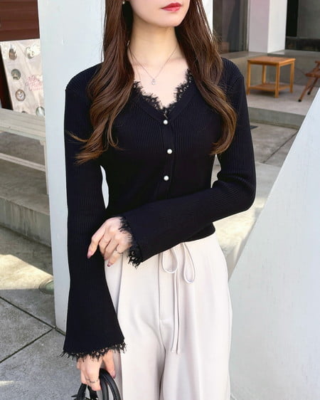 INGNI（イング） レースリブニットカーディガン ｸﾛ