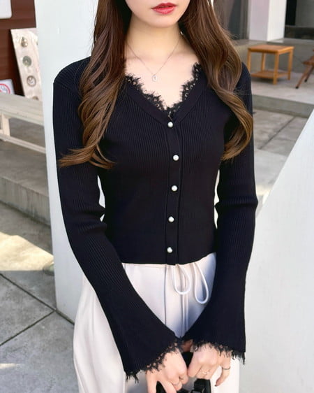 INGNI（イング） レースリブニットカーディガン ｸﾛ