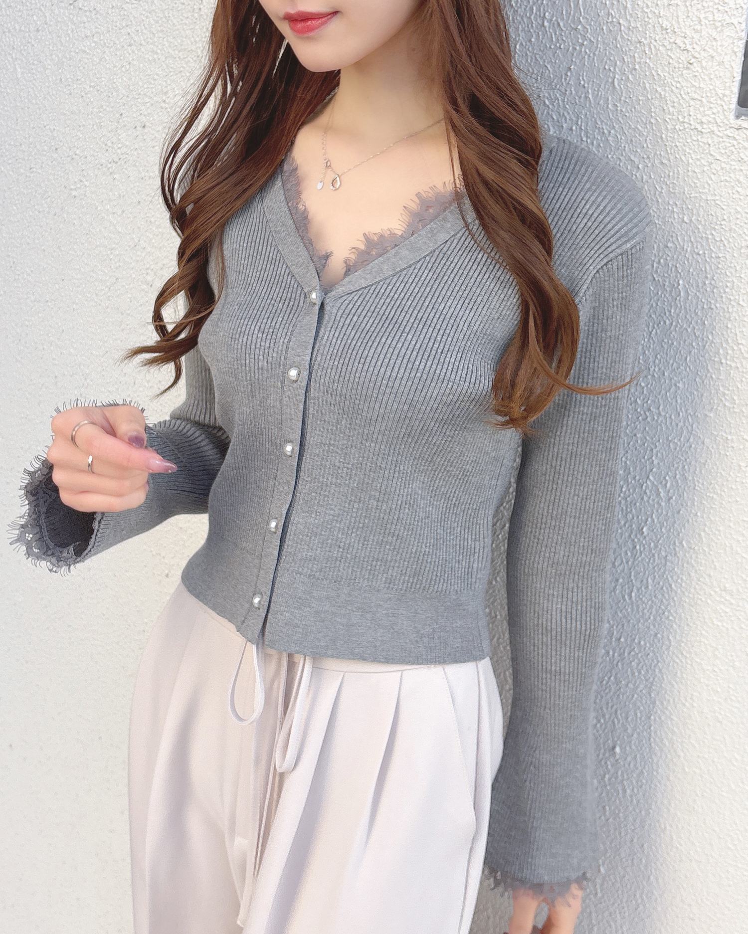 レースリブニットカーディガン