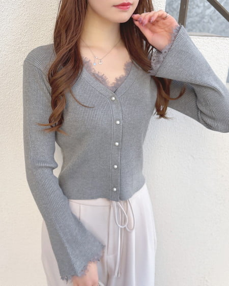 INGNI(イング) レースリブニットカーディガン グレー