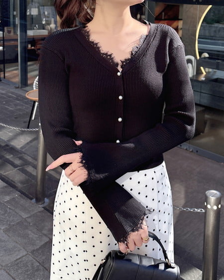 INGNI（イング） レースリブニットカーディガン ｸﾛ