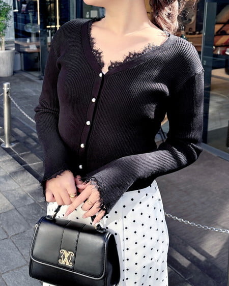 INGNI（イング） レースリブニットカーディガン ｸﾛ