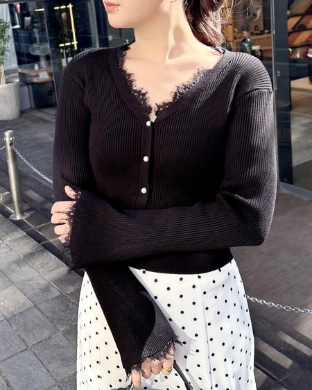 INGNI（イング） レースリブニットカーディガン ｸﾛ