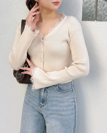 INGNI(イング) レースリブニットカーディガン アイボリー