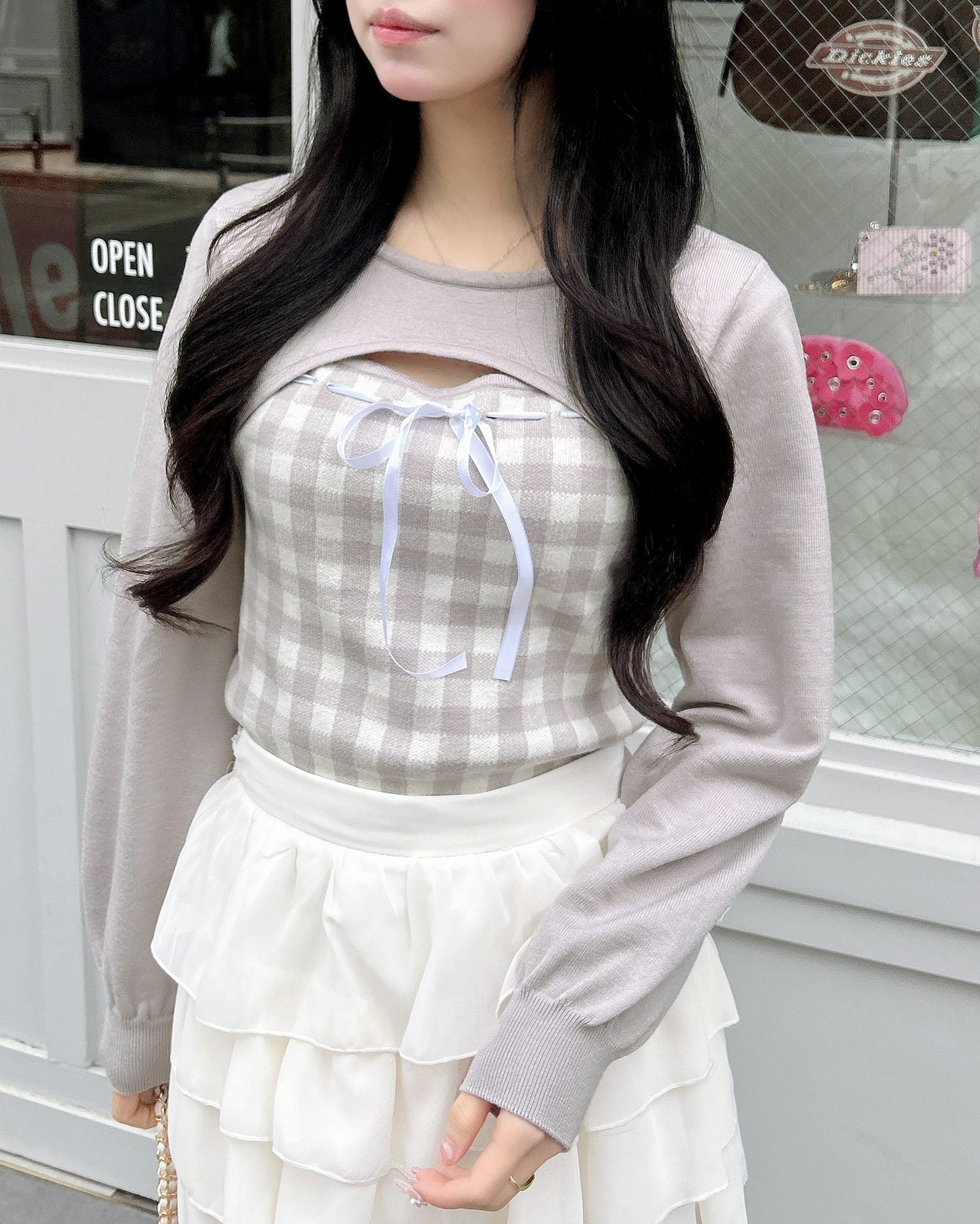 ボレロレイヤード風リボンギンガムチェックニット