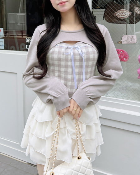 INGNI（イング） ボレロレイヤード風リボンギンガムチェックニット ｵﾌﾗｲﾄｸﾞﾚｰ/ﾁｪｯｸ