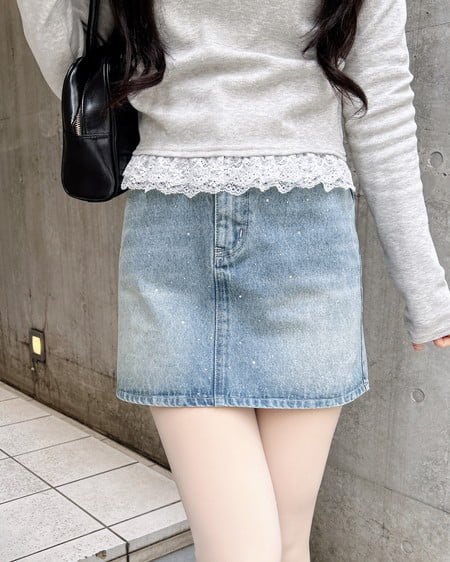 INGNI（イング） ラインストーンデニムミニスカート(セットアップ対応) ﾃﾞﾆﾑ/ﾗｲﾄﾌﾞﾙｰ