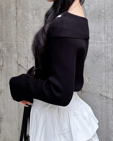 INGNI(イング) リボンオフショルフレアスリーブニット クロ/オフホワイト