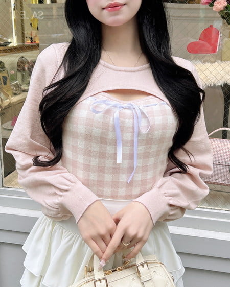 ボレロレイヤード風リボンギンガムチェックニット