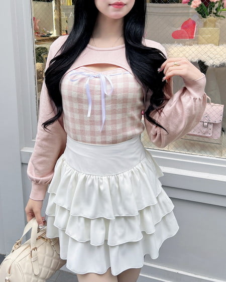 INGNI（イング） ボレロレイヤード風リボンギンガムチェックニット ｵﾌﾋﾟﾝｸ/ﾁｪｯｸ