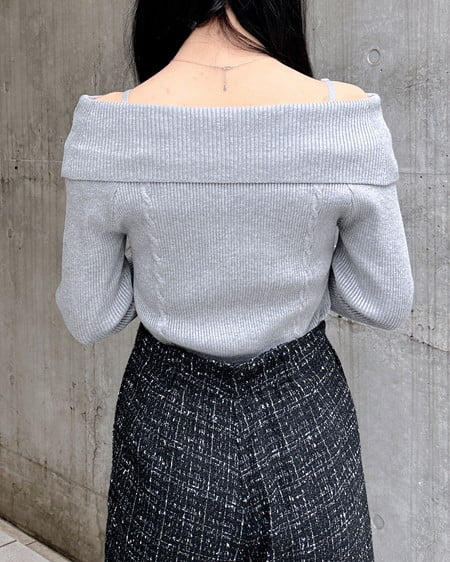INGNI(イング) リボンオフショルフレアスリーブニット グレー/クロ