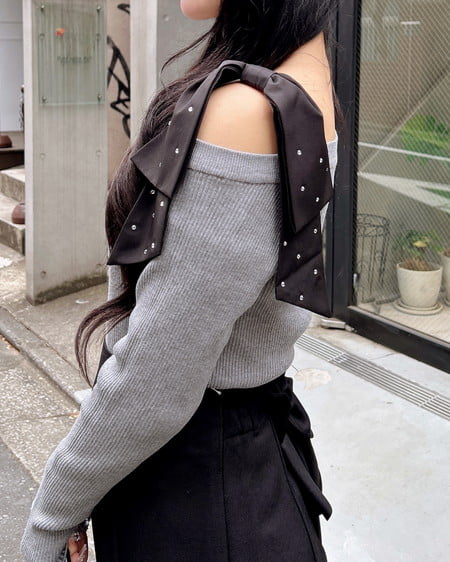 INGNI（イング） ワンショルビジュー付肩リボンニット ｸﾞﾚｰ