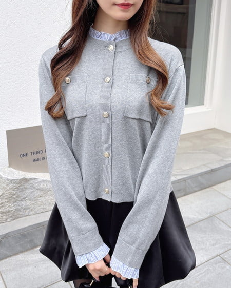 INGNI(イング) フリルレイヤードニットカーディガン グレー/ブルーストライプ