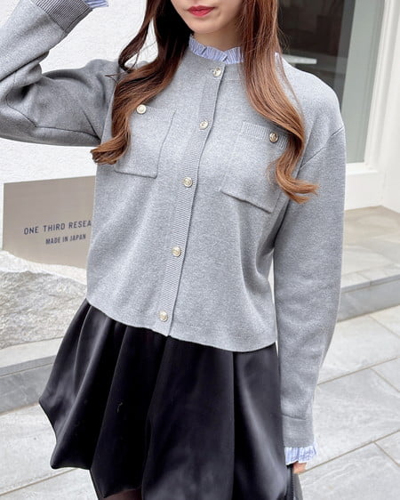 INGNI(イング) フリルレイヤードニットカーディガン グレー/ブルーストライプ