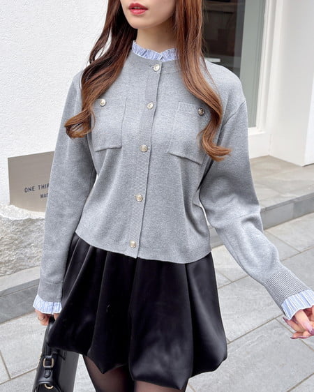 INGNI(イング) フリルレイヤードニットカーディガン グレー/ブルーストライプ