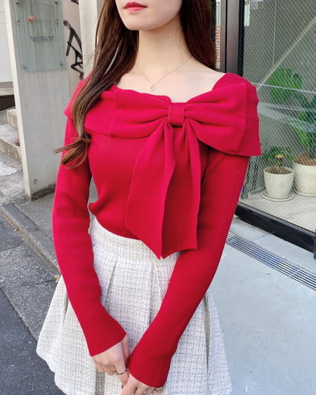 INGNI（イング） リボンオフショルニット ｱｶ