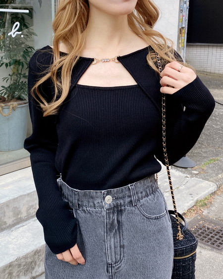 INGNI（イング） ビット付デコルテオープンリブニット ｸﾛ