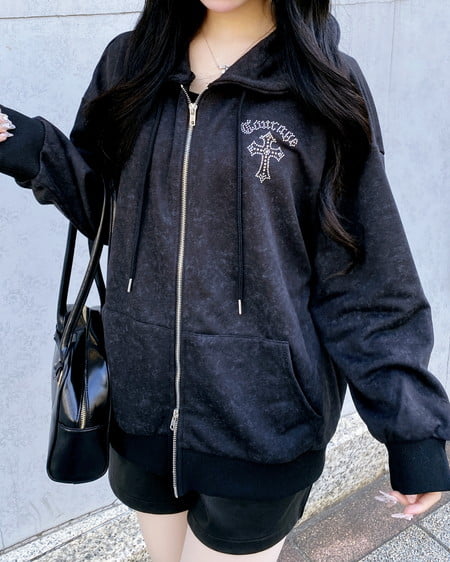 INGNI（イング） ムラ染めバックラインストーンクロスジップパーカー ｸﾛ