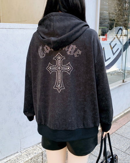 ムラ染めバックラインストーンクロスジップパーカー