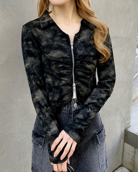 INGNI（イング） ムラ染め襟付きジップトップス ｸﾛ