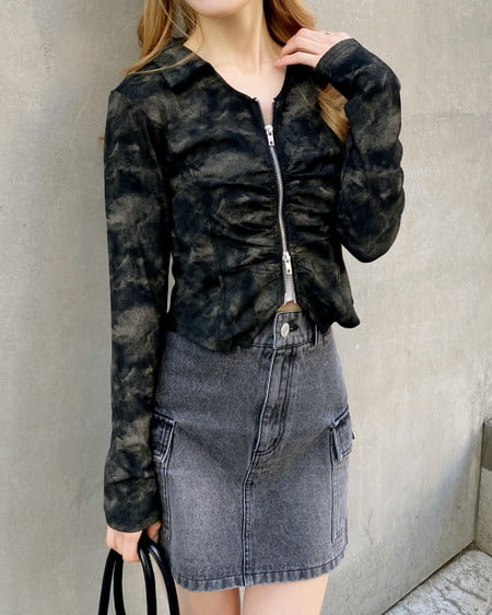 INGNI（イング） ムラ染め襟付きジップトップス ｸﾛ