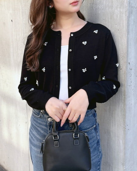 INGNI(イング) ビジュー装飾ニットカーディガン クロ