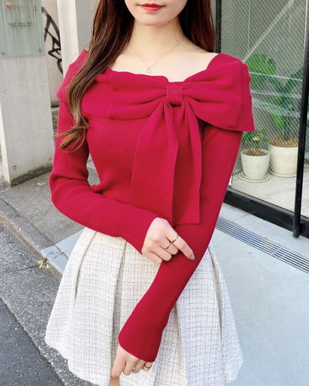 INGNI(イング) リボンオフショルニット アカ