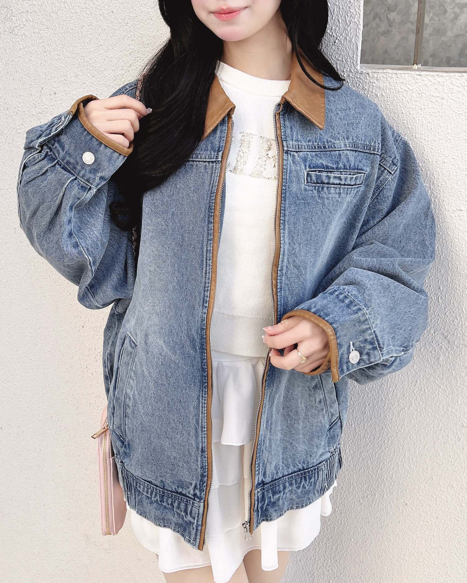 襟袖異素材フロントジップデニムジャケット