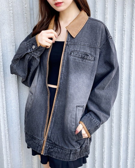 襟袖異素材フロントジップデニムジャケット