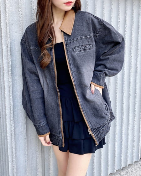 INGNI（イング） 襟袖異素材フロントジップデニムジャケット ｸﾞﾚｰ