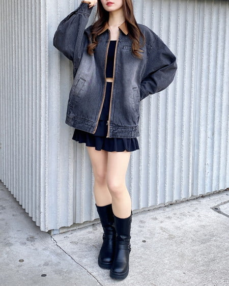 INGNI（イング） 襟袖異素材フロントジップデニムジャケット ｸﾞﾚｰ