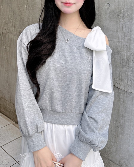 INGNI（イング） スウェット肩リボン胸ロゴワンショルトップス ｸﾞﾚｰ