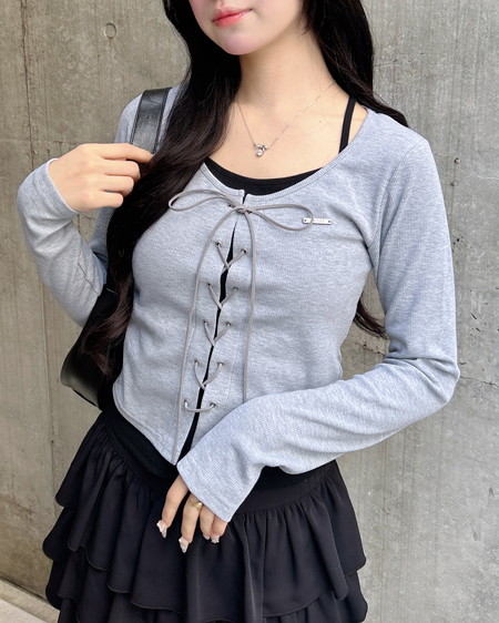 INGNI(イング) キャミレイヤード風リブレースアップトップス ｸﾞﾚｰ/ｸﾛ