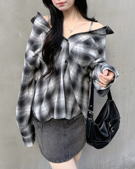 INGNI（イング） 2Wayオフショルチェック柄シャツ ｸﾛ/ﾁｪｯｸ