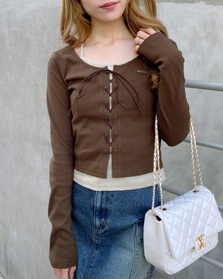 INGNI（イング） キャミレイヤード風リブレースアップトップス ﾌﾞﾗｳﾝ/ﾍﾞｰｼﾞｭ