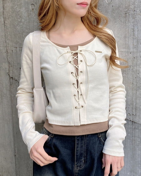 INGNI（イング） キャミレイヤード風リブレースアップトップス ｱｲﾎﾞﾘｰ/ﾌﾞﾗｳﾝ