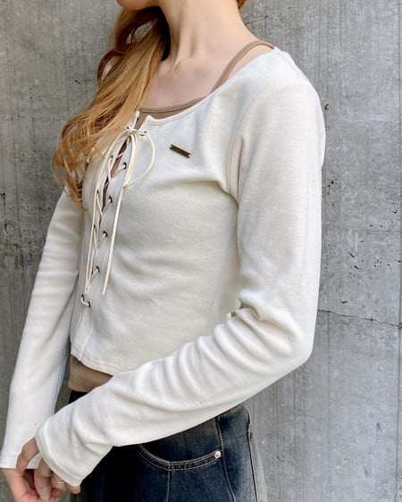 INGNI（イング） キャミレイヤード風リブレースアップトップス ｱｲﾎﾞﾘｰ/ﾌﾞﾗｳﾝ