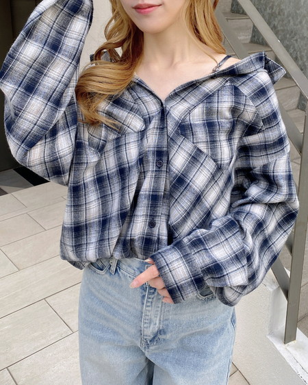 INGNI（イング） 2Wayオフショルチェック柄シャツ ﾌﾞﾙｰ/ﾁｪｯｸ