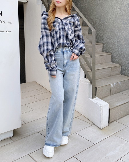 INGNI（イング） 2Wayオフショルチェック柄シャツ ﾌﾞﾙｰ/ﾁｪｯｸ