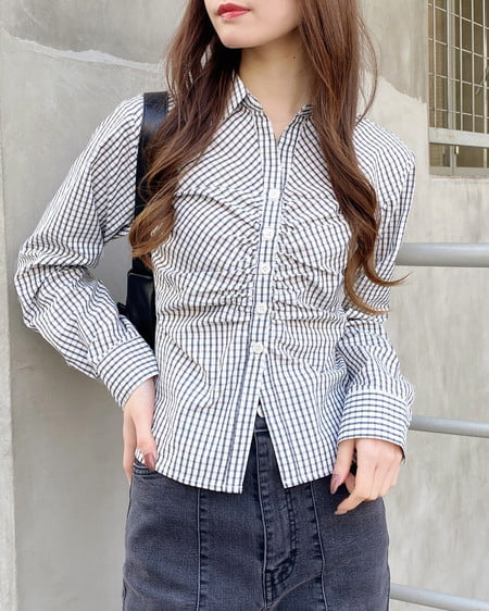 INGNI（イング） チェック柄ギャザークロップドシャツ ｱｲﾎﾞﾘｰ/ﾁｪｯｸ