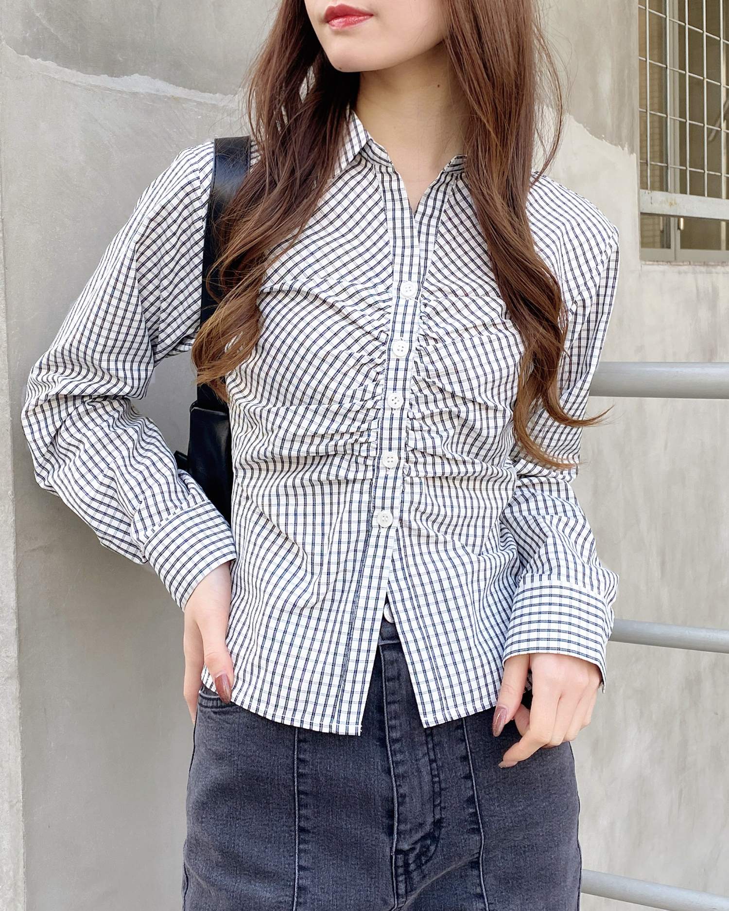 チェック柄ギャザークロップドシャツ