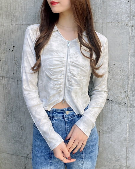 INGNI（イング） ムラ染め襟付きジップトップス ｵﾌﾎﾜｲﾄ