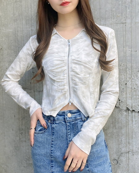 INGNI（イング） ムラ染め襟付きジップトップス ｵﾌﾎﾜｲﾄ