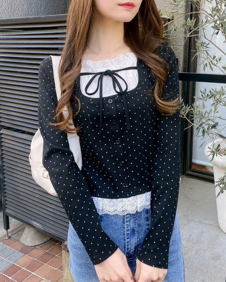 レースレイヤード風リボン付きリブトップス