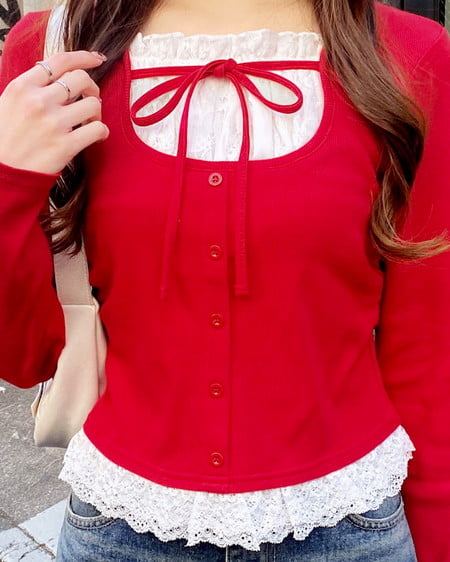 INGNI（イング） レースレイヤード風リボン付きリブトップス ｱｶ/ｵﾌﾎﾜｲﾄ