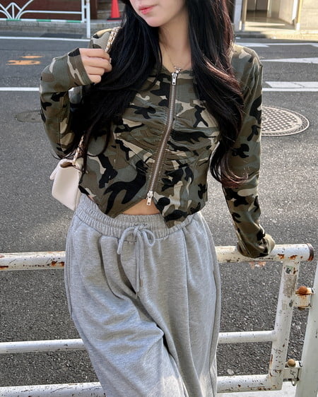 ムラ染め襟付きジップトップス